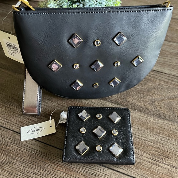 Fossil Black Crossbody Bag with Geometric Studs - Picture 2 of 16